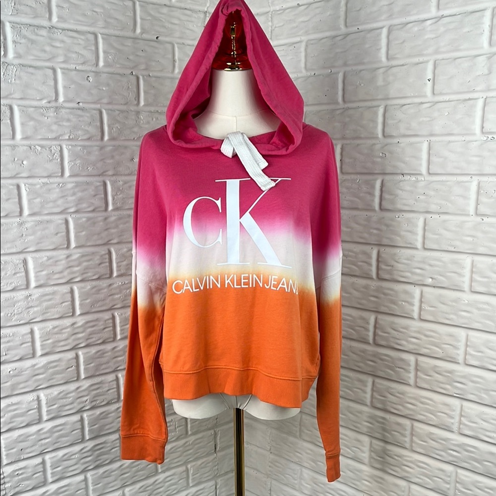 CALVIN KLEIN JEANS OMBRÉ CROP HOODIE LONG SLEEVE PINK WHITE ORANGE SZ MED